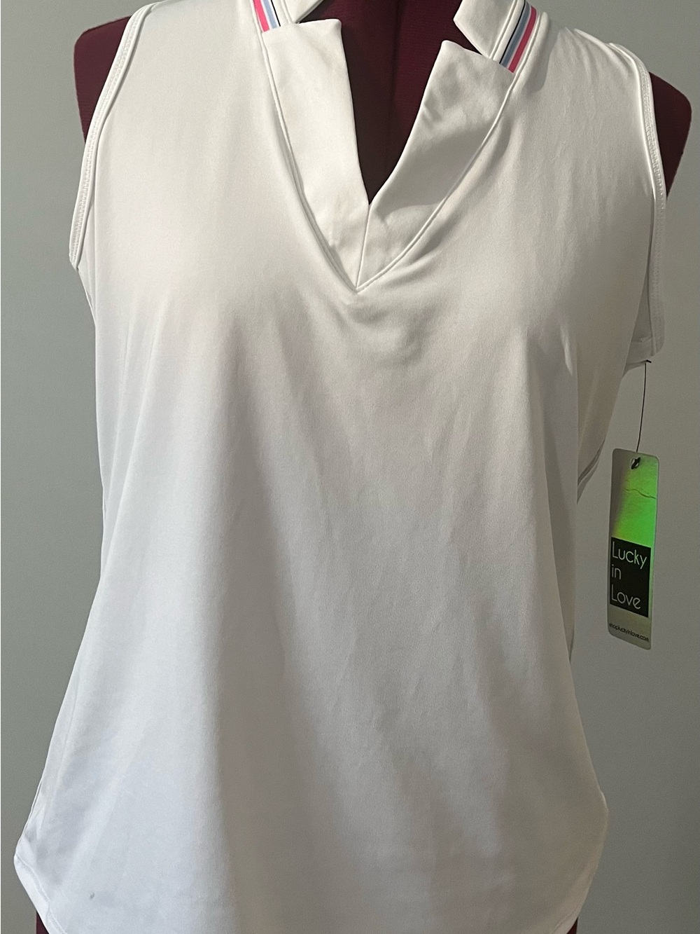 Lucky in Love White Sleeveless V-Notch Polo Tank with Striped Collar